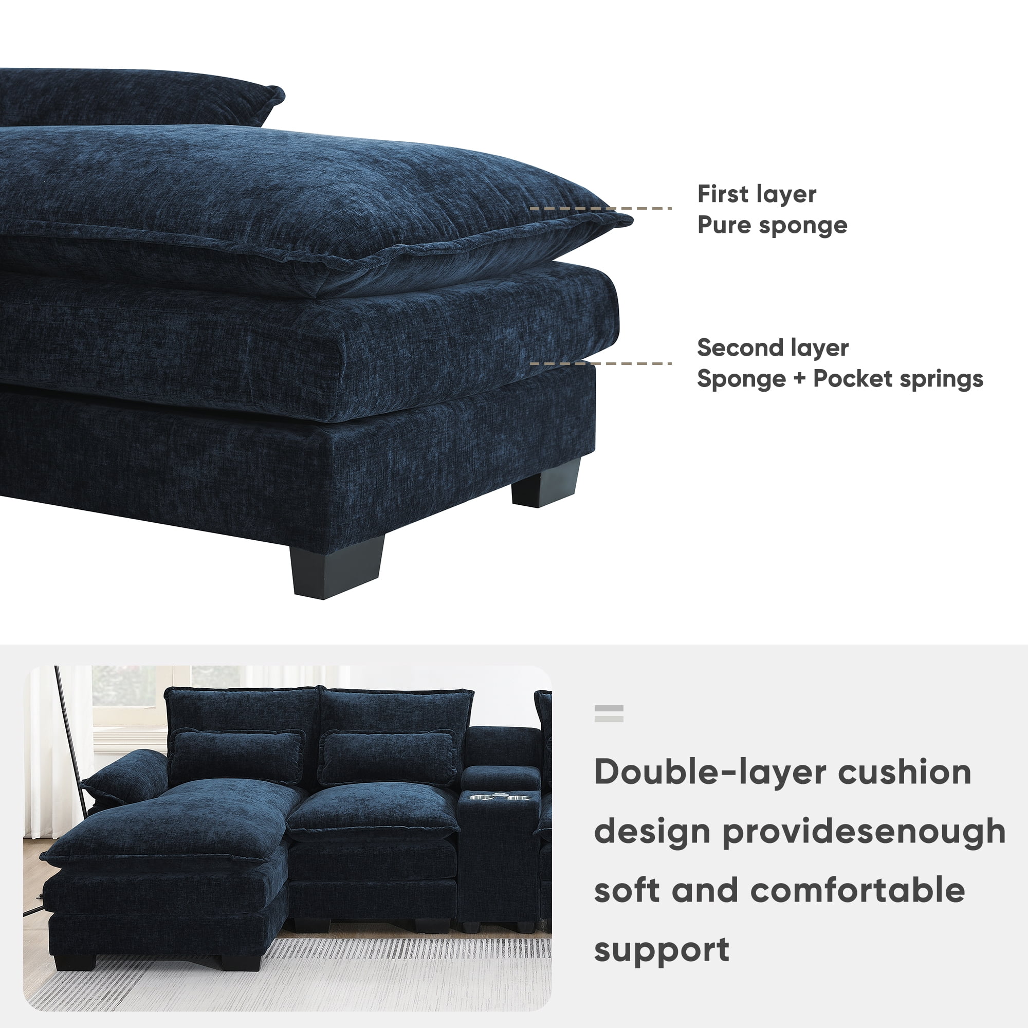 Harper & Bright Designs Sectional Sofa with Console and Cup Holders, Modern U Shaped Sofa Couch Sets with 2 Chaise Lounge, 4-seat Velvet Cloud Couch with USB Ports for Apartment Office, 123" Blue