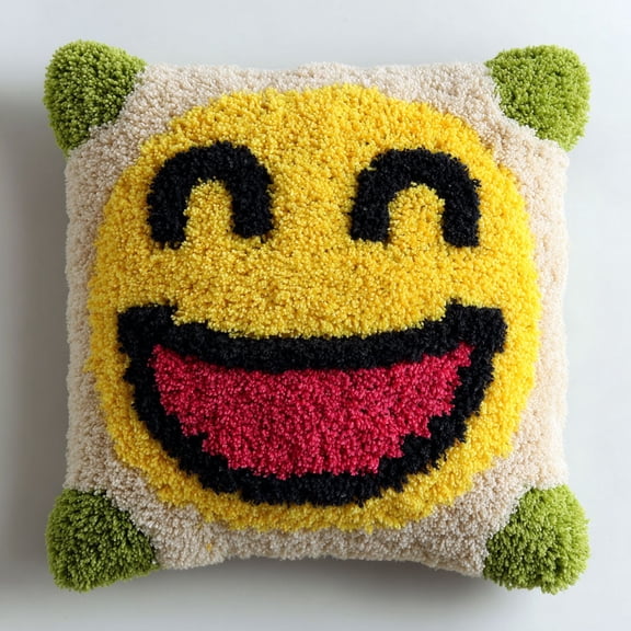 Cartoon smiley face DIY Latch Hook Pillow Kits, Beginner Cushion Cover Latch Hook Kit 17x17in