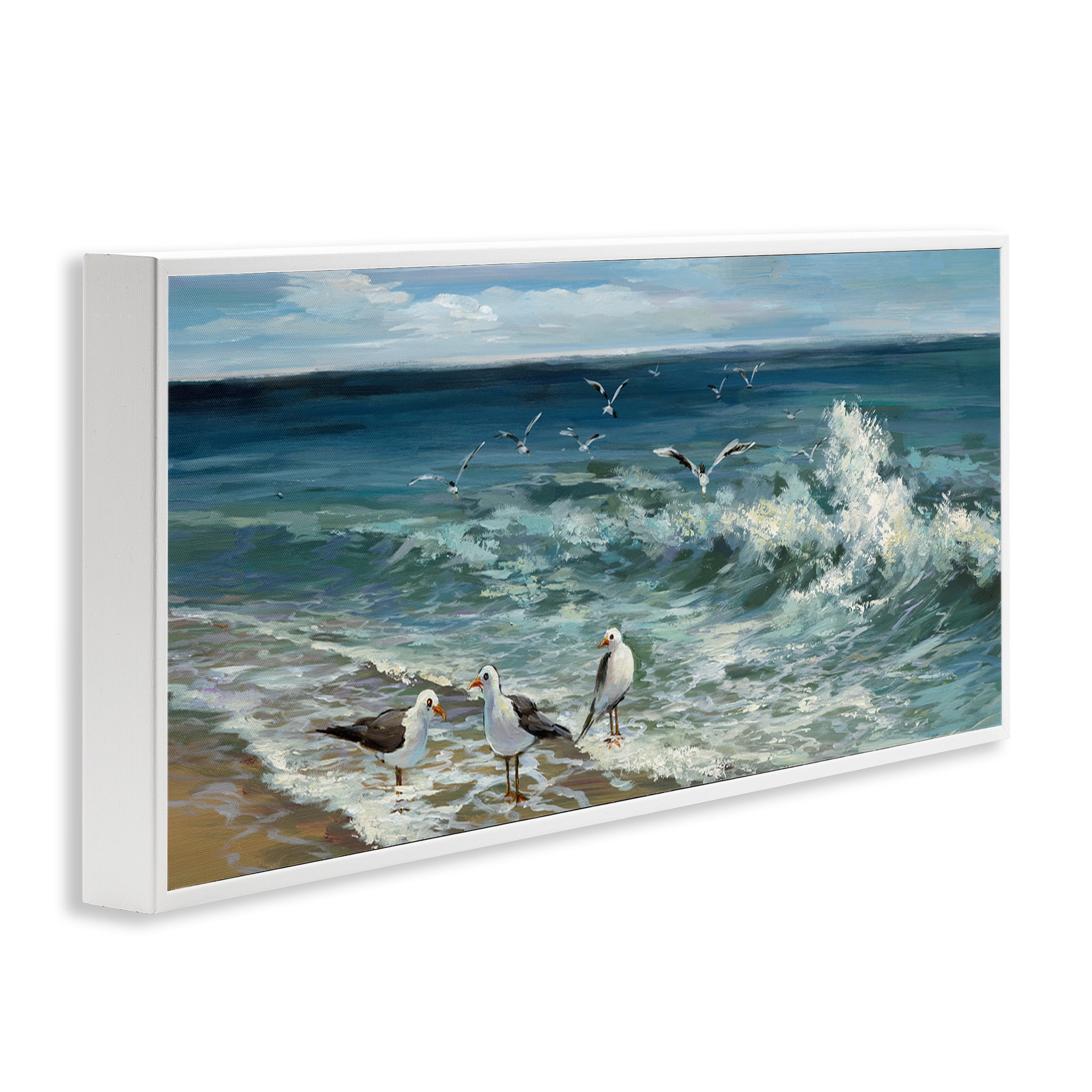 Stupell Industries Incoming Beach Tide Seagulls Nature Painting White Framed Art Print Wall Art, 24 x 10