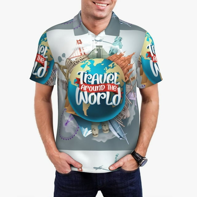 Balery Travel Around The World Camisa Polo de Hombre con Estampado, de Manga Corta y Tejido Medio, Camisa Tipo Golf Polo-3X-Large