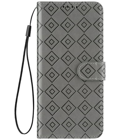 Hpory Huawei P Smart 2019/Honor 10 Lite Grey Large and Small Plaid Embossed Leather Case with Lanyard