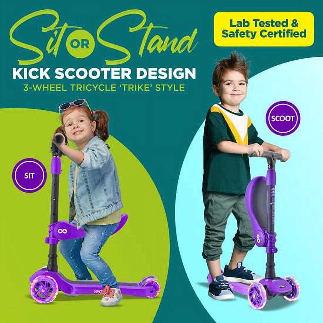 SereneLife 3 Wheeled Adjustable Purple Scooter for Kids - 2-in-1 Sit/Stand Toy Scooters w/ Seat