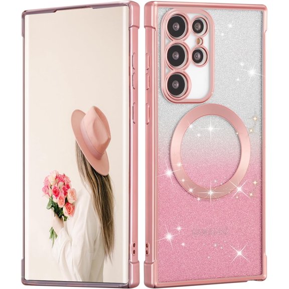 ZUKKASHAN Magnetic Case for Samsung Galaxy S22 Ultra, [ Compatible with MagSafe ] Luxury Plating Bling Gradient Glitter Soft TPU Clear Sparkle Case Camera Protection Cover for Women Girls