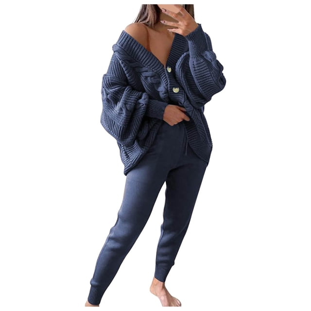 Besolor Womens 2 Piece Outfits Knit Sweater Sets Oversized Button down Cardigan and Slim Long Pants Matching Lounge Set