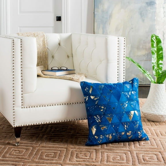 SAFAVIEH Clairtaon Metallic Cowhide 20" x 20" Geometric Pillow, Blue/Silver