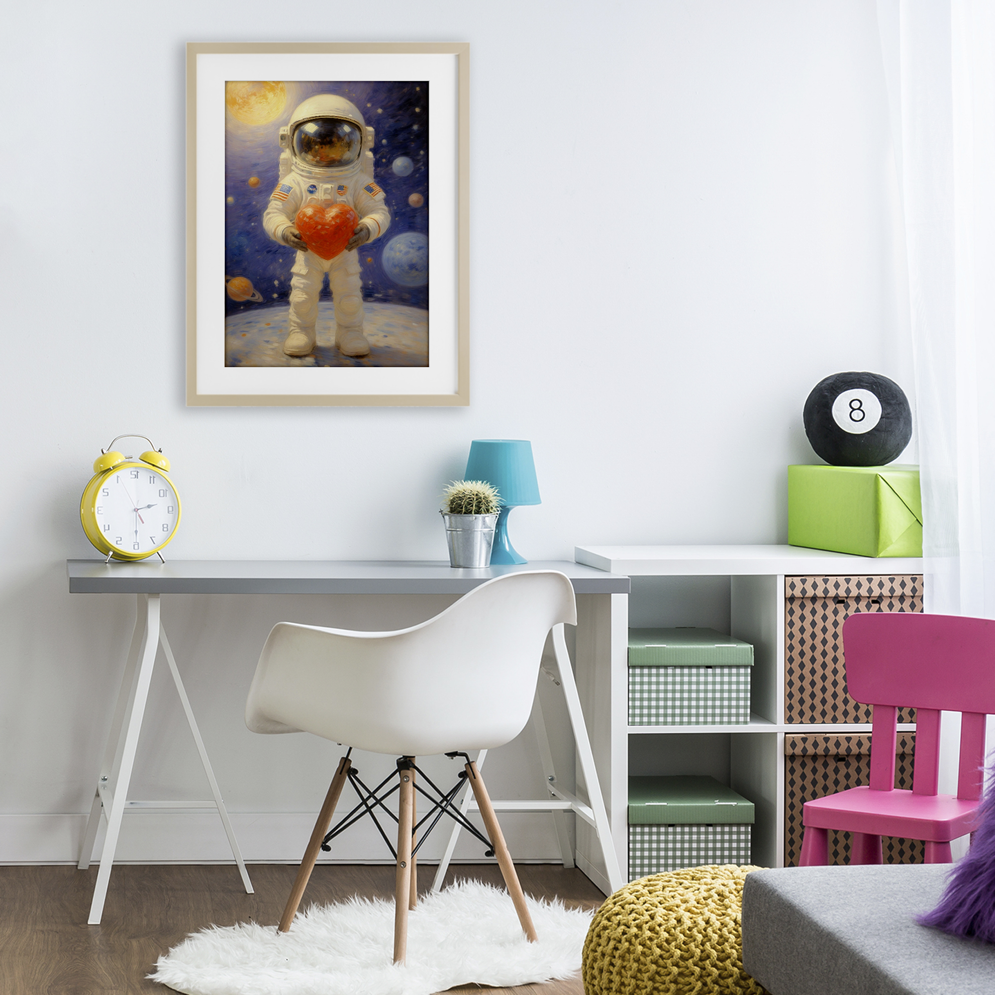 Astronaut Holding Heart Birch Framed Print Under Glass, design by Angie Hawke