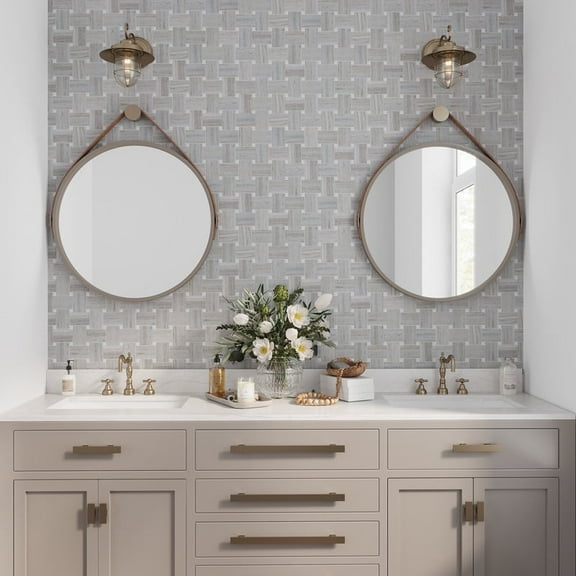 Mirage 11 x 11 in. Polished Light Beige with Soft Gray Marble Mosaic Basketweave Wall and Floor Tile (4.13 sq ft/case) - 5 Pack