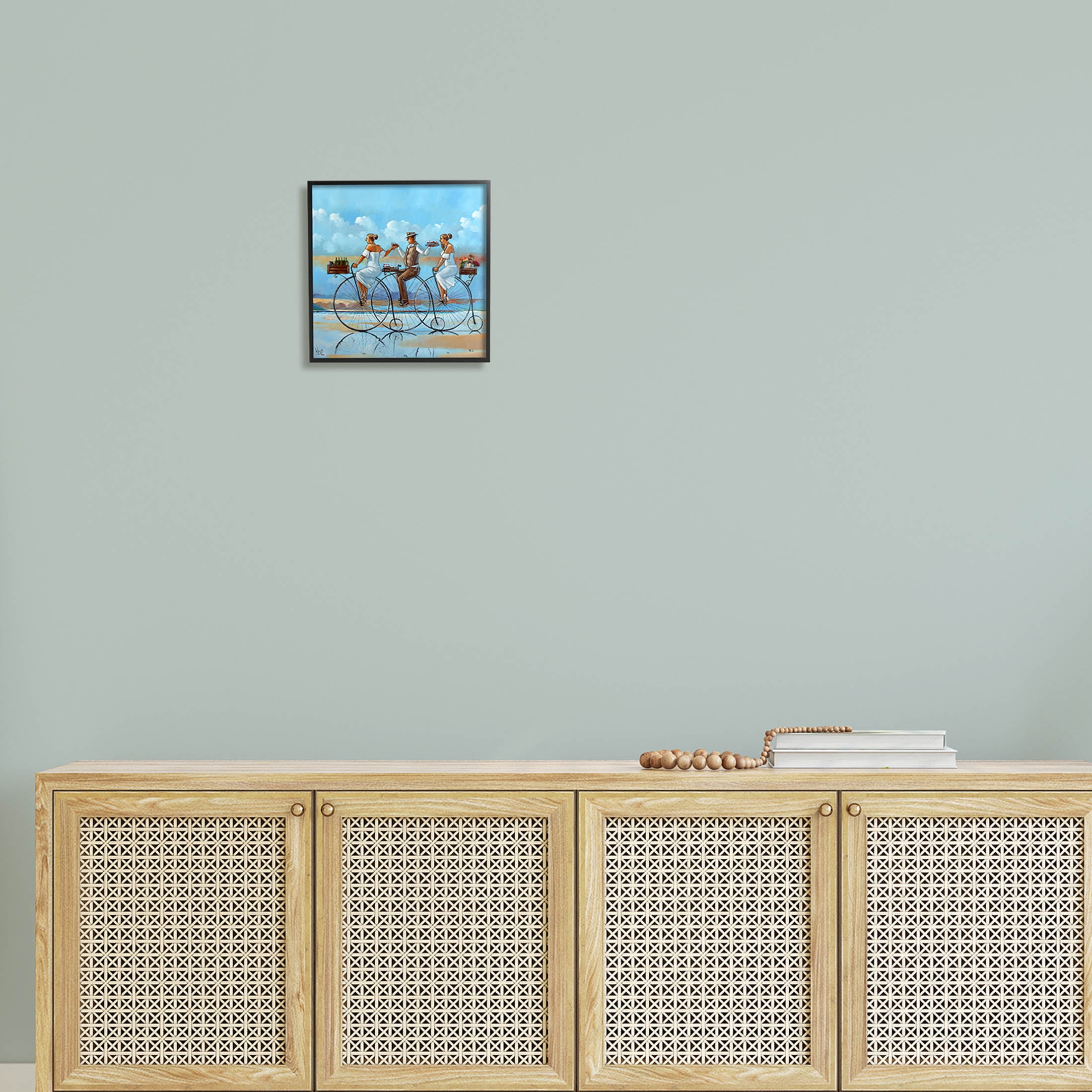 Summer Shore Bicycle Ride Coastal Painting Black Framed Art Print Wall Art