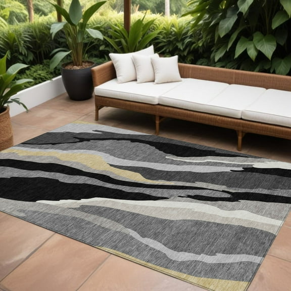 HomeRoots 600945 8 x 10 ft. Black, Gray & Tan Abstract Washable Indoor & Outdoor Rectangle Area Rug