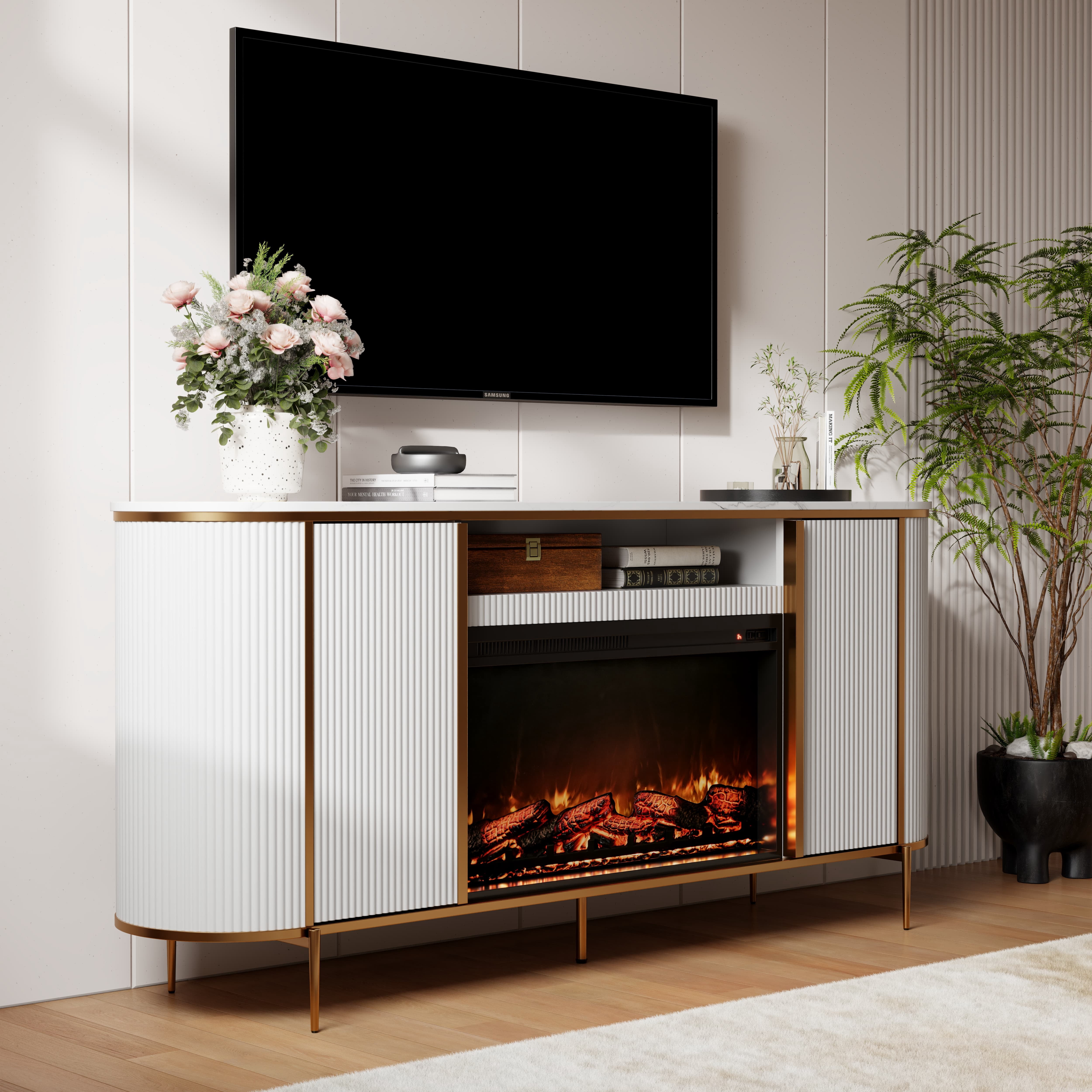 OKD 70" Fireplace TV Stand for TV up to 80", Modern Fluted Entertainment Center with Electric Fireplace, Media Console Table for Living Room - White