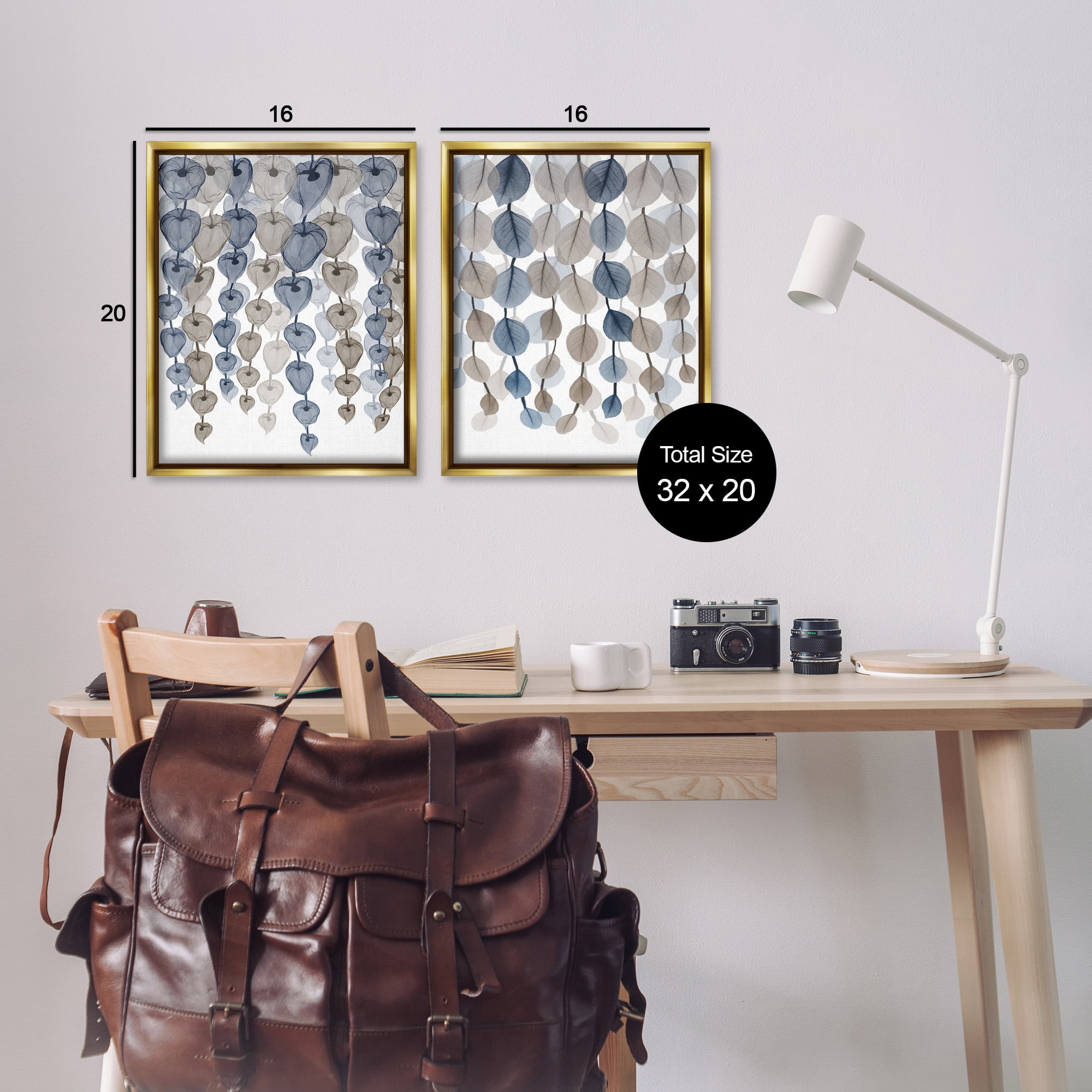 Stupell Industries Falling Vines Neutral Leaves Abstract Painting Gold Floater Framed Canvas Art Print Wall Art, 17 x 21, Set of 2