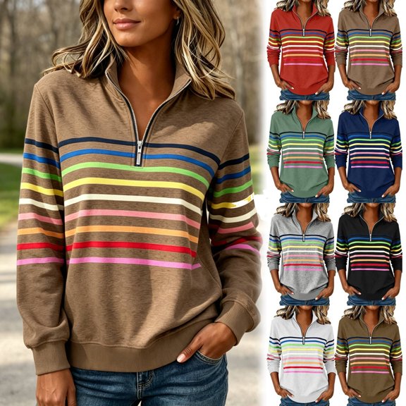 Women's Half-Zip Striped Sweatshirt, Loose Long Sleeve Stand-Up Collar Pullover Top, Casual Fall Winter | CSEONE,Army Green L