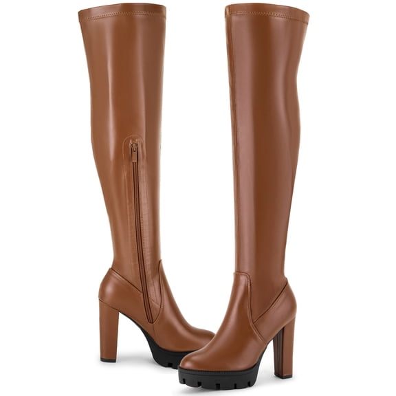 DARING DIVA Women's Platform Chunky Heels Over the Knee High Boots Brown 8