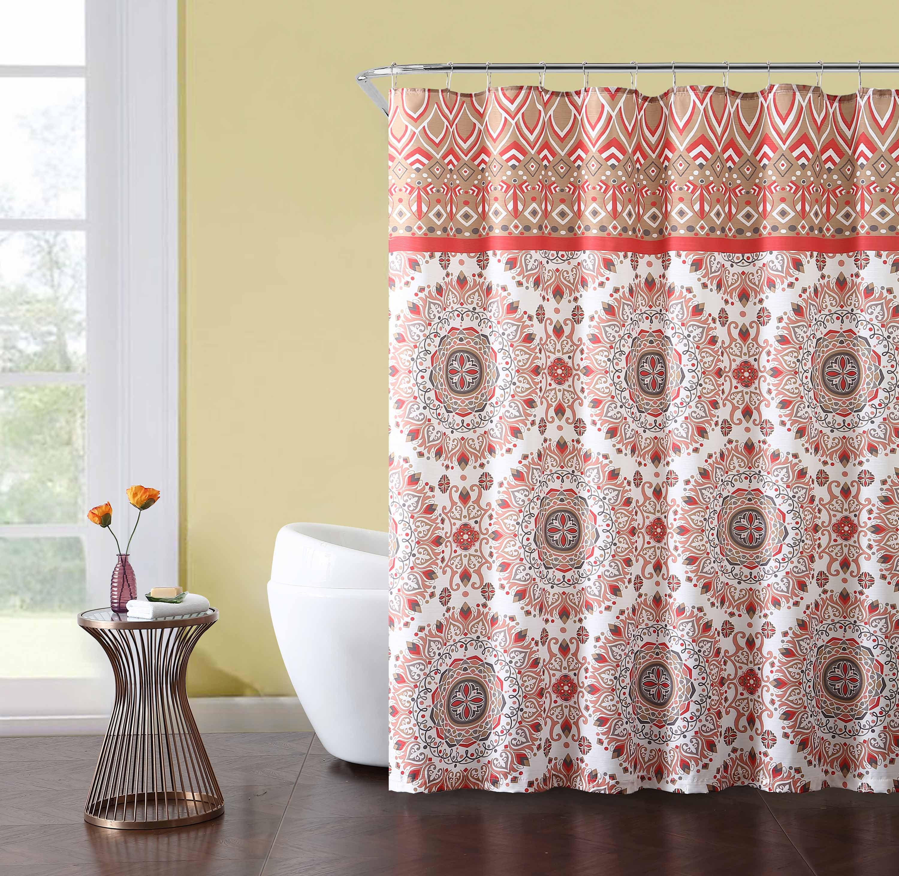Fabric Shower Curtain White Coral Gray Red Medallion Design Includes