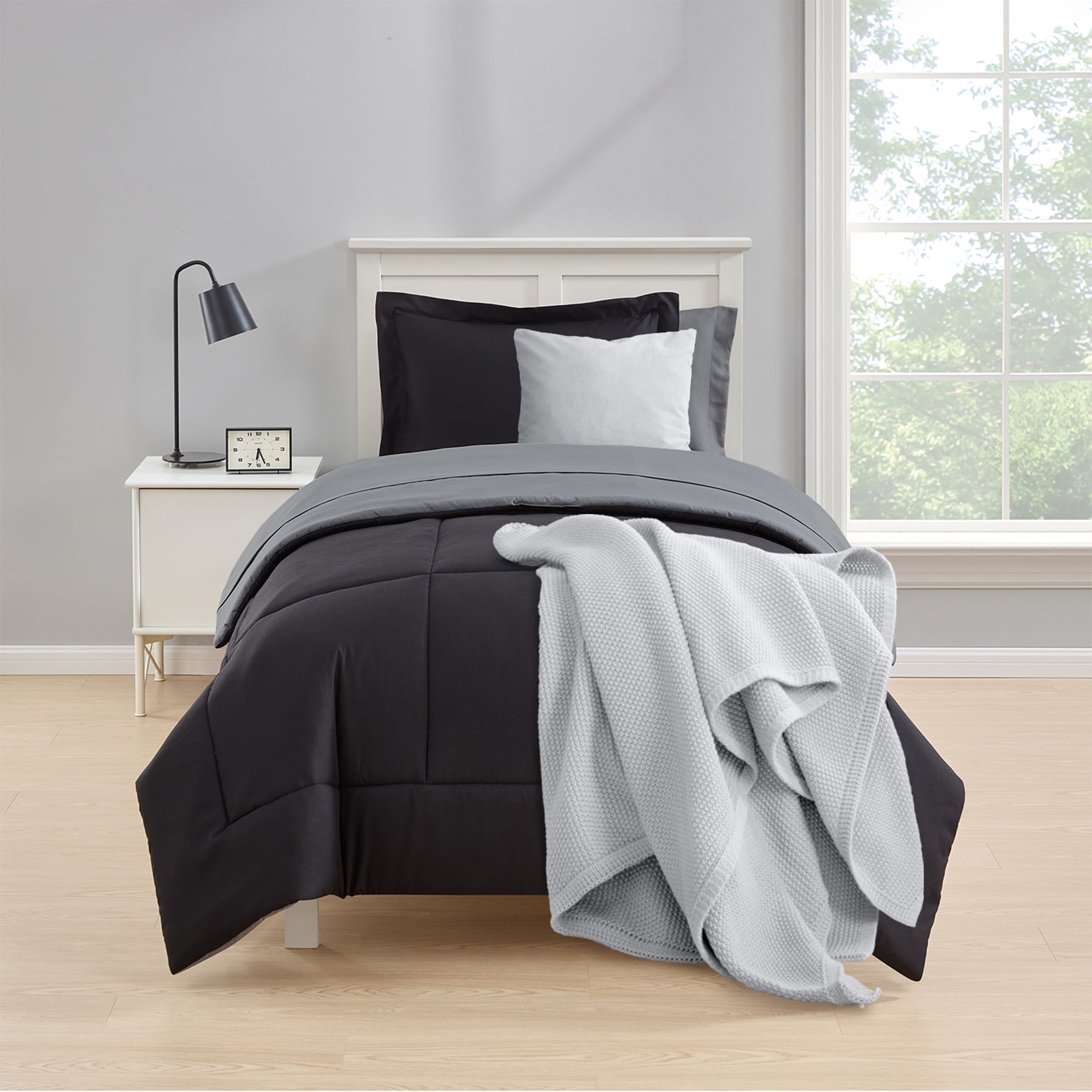 Mainstays 5-Piece All-in-One Reversible Comforter and Sheet Set, Twin/Twin XL, Black