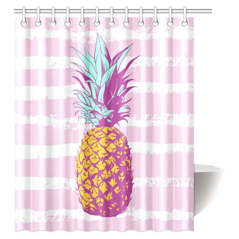 MYPOP Pineapple with Pink White Striped Shower Curtain, Exotic Tropical