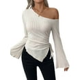 thumbnail image 2 of Women'S Y2K One Off the Shoulder Fitted Knit Top Asymmetrical Bell Long Sleeve Top Apricot M, 2 of 9