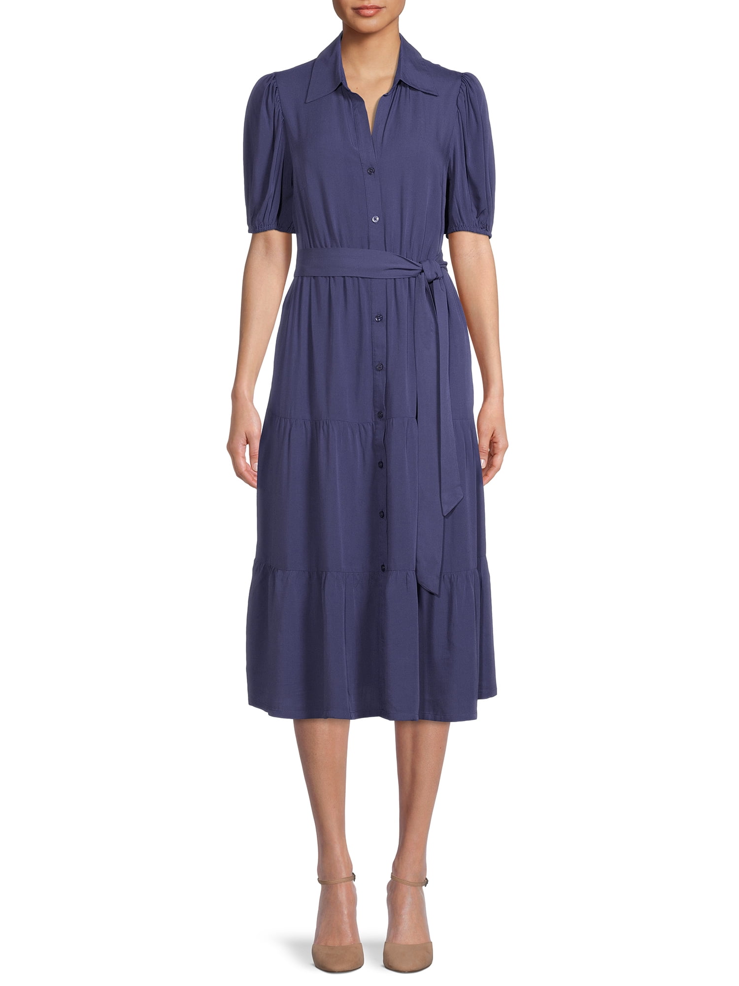 Time and Tru Women's Tiered Midi Shirt Dress