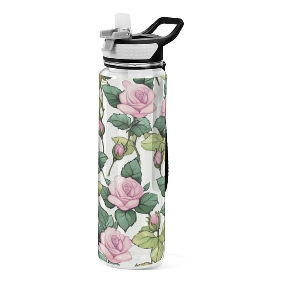 Qxltty Pink Roses Water Bottle 32 oz with Straw BPA Free Reusable Fitness Sport Bottle Perfect for Travel School Outdoors and Gym