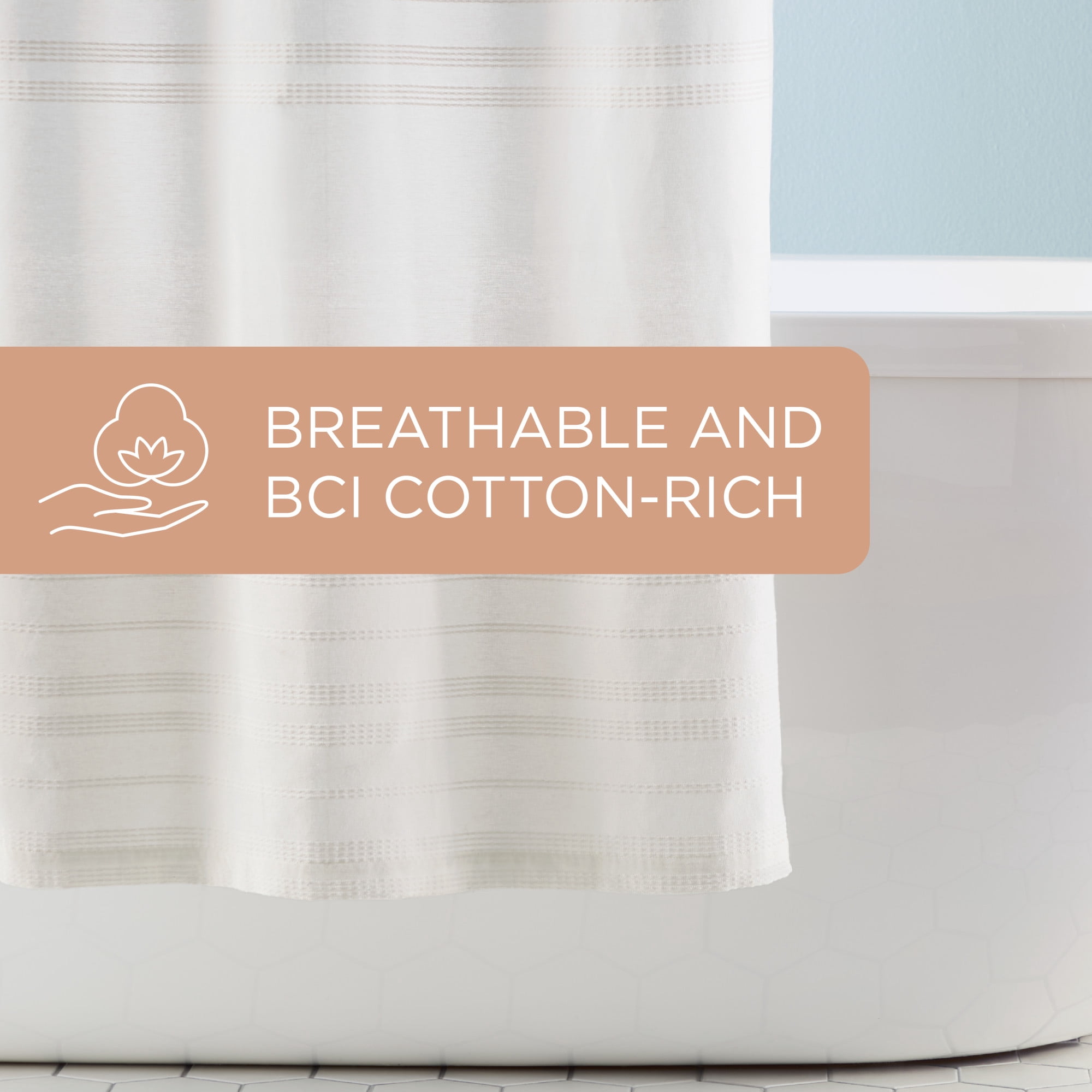 TOWN & COUNTRY EVERYDAY Sophia Textured Solid Cotton-Rich Breathable Fabric Shower Curtain with Reinforced Buttonhole Top Hem, White, 70"x72"