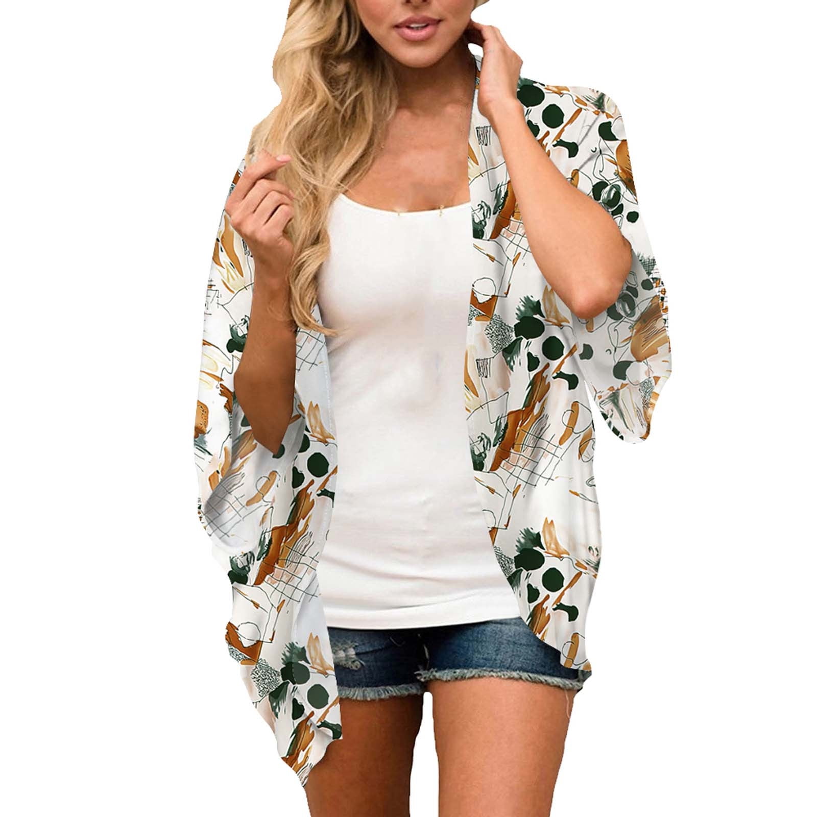 PRETTODAY Women's Summer Floral Print Kimonos Loose Half Sleeve Chiffon Cardigan Blouses Casual Cover Up 