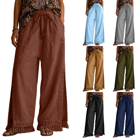 GUACER Womens Linen Wide Leg Pants Drawstring with Tassels & Pockets Palazzo Trousers for Beach & Casual Wear
