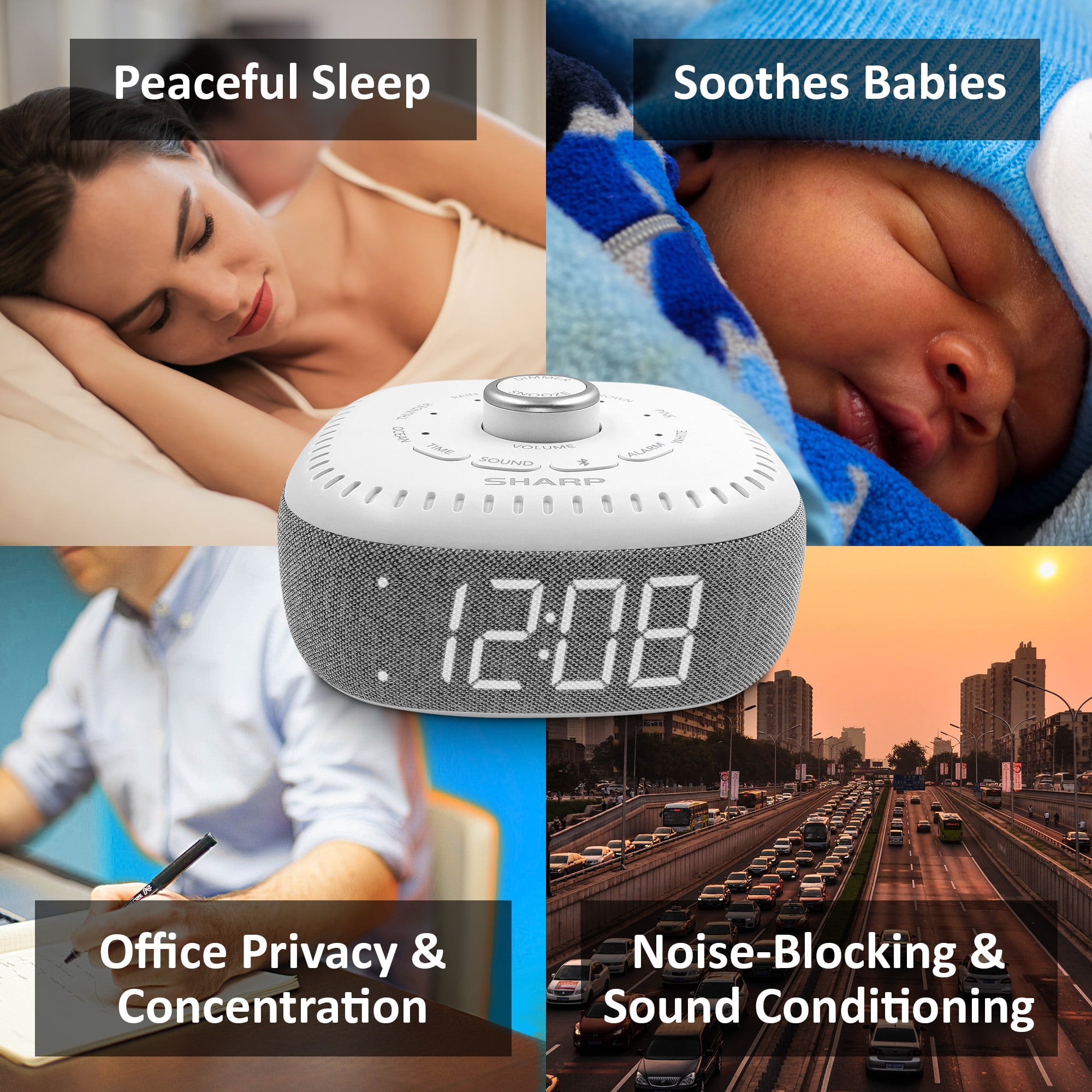Sharp Alarm Clock - Sound Machine - Bluetooth Speaker - 6 Sleep Machine Soundtracks - White LED Digital Display