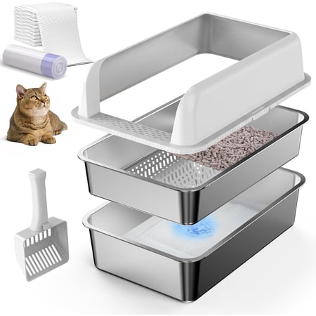 XL Stainless Steel Sifting Litter Box with Lid for Pine Pellets | 22.6"x14.5"x12" High-Sides Anti-Leakage Sifting Litter Box, Stainless Steel Easy-Clean Surface, Less Tracking
