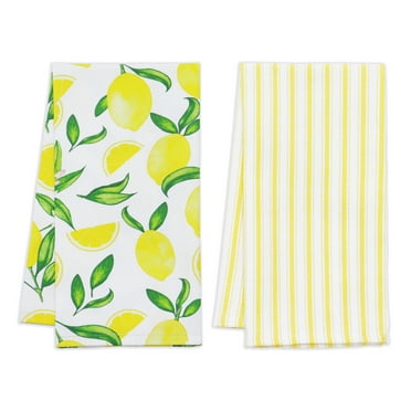 PurpleEssences Lemon Striped Kitchen Towels, Pack of 2, 16 x 26 Inch, 100% Cotton, For Summer Yellow Kitchen Décor -Vibrant Lemon