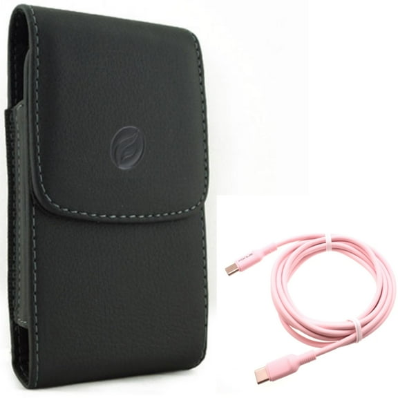 For Galaxy A73 /A23 /A14 /A13 5G - Case Belt Clip w Pink 10ft Long Cable, Leather Holster Cover, USB-C to Type-C PD Fast Charger Cord for Samsung Galaxy A73 /A23 /A14 /A13 5G