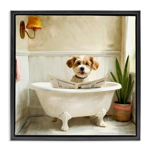 Stupell Industries Farmhouse Light Reading Dog Bath Black Floating Frame Canvas Art, 18 x 18, by Kim Allen