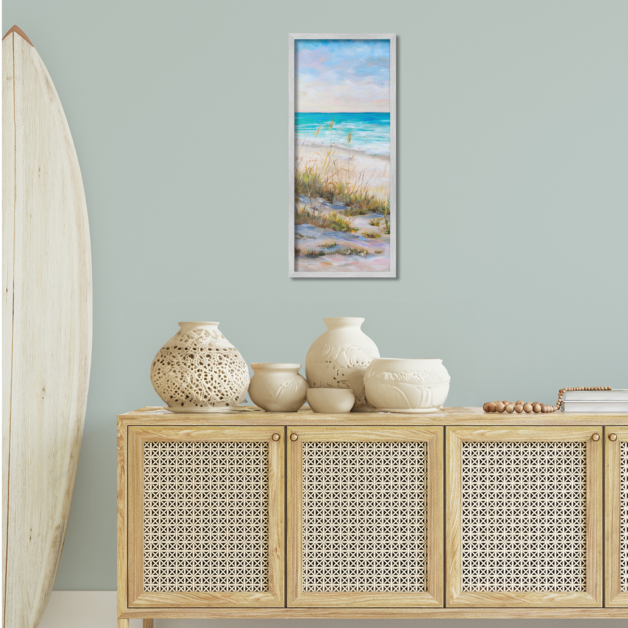 Stupell Industries Peaceful Beach Reeds Landscape Painting Gray Framed Art Print Wall Art, 13 x 30