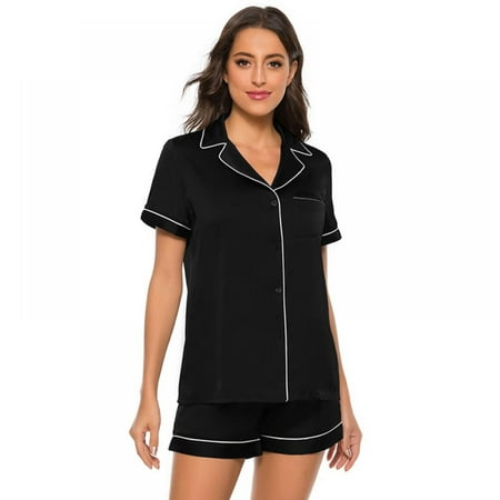 

Women s Short Sleeve Sleepwear Button-Down 2 Piece Pajama Set Soft Artificial Silk Lounge Nightwear Sets