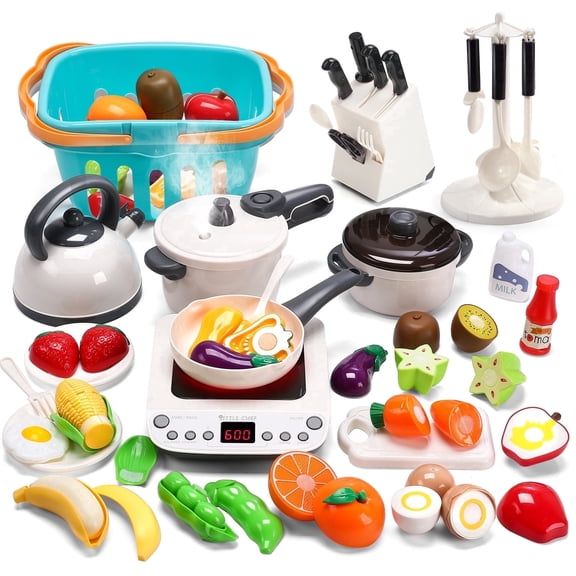 CUTE STONE Kids Pretend Play Kitchen Set with Toy Induction Cooktop, Pots & Pans, Play Food & Utensils, Educational Cooking Role Play Toy for Toddlers Boys & Girls Ages 3