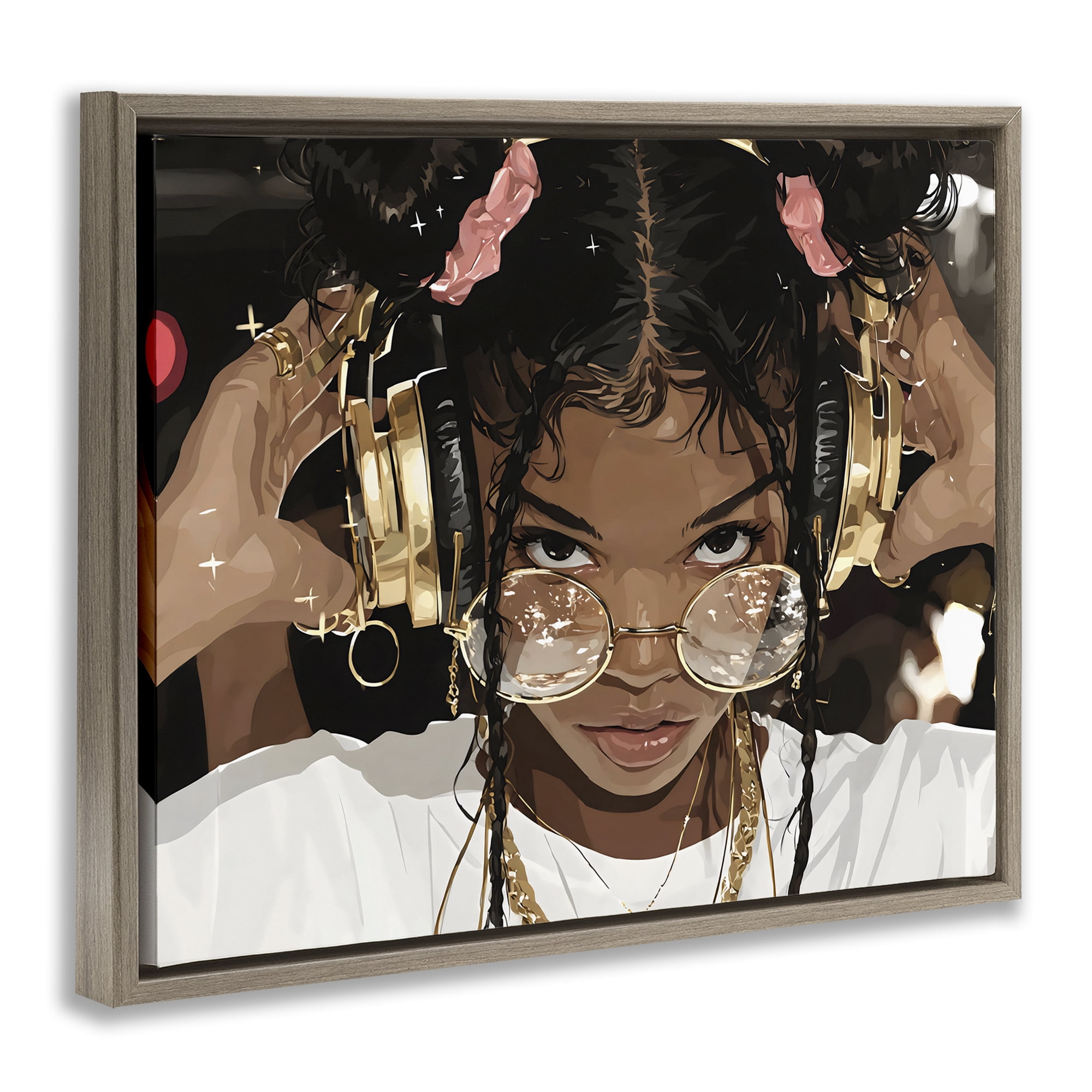 Stupell Industries Trendy Girl with Gold Headphones Brown Framed Floater Canvas Wall Art, design by Franklyn Gregory