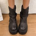 thumbnail image 5 of OKBOP Women's Matte Faux Leather Mid-Calf Moto Boots, Crisscross Buckle Strap Pull-On Round Toe Chunky Lug Sole Platform Boots Boots Sizes 38, 5 of 5