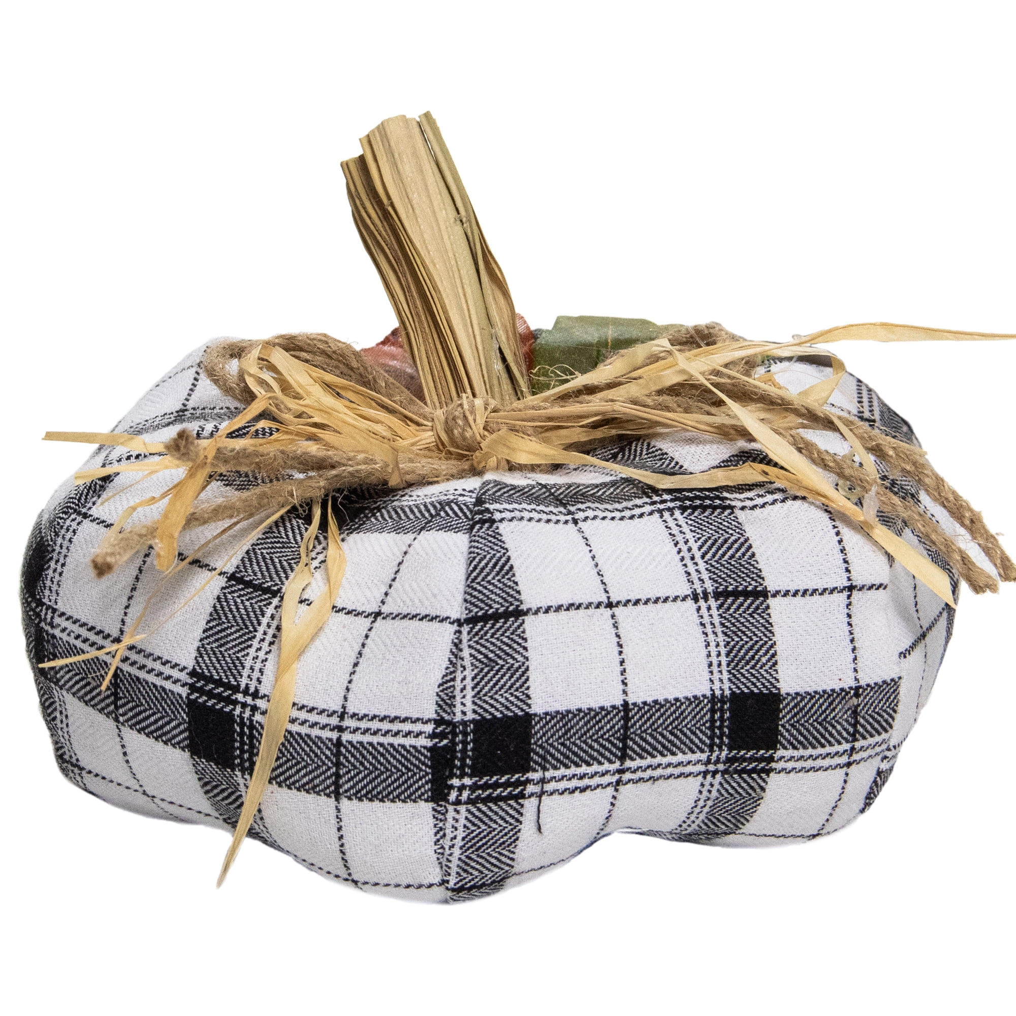 14" Black and White Fabric Fall Harvest Tabletop Pumpkin