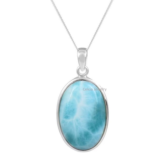 Real 925 Sterling Silver Necklace For Women, Genuine Blue Larimar Cabochon Oval Gemstone Amazing Handcrafted Necklace Gift For Her