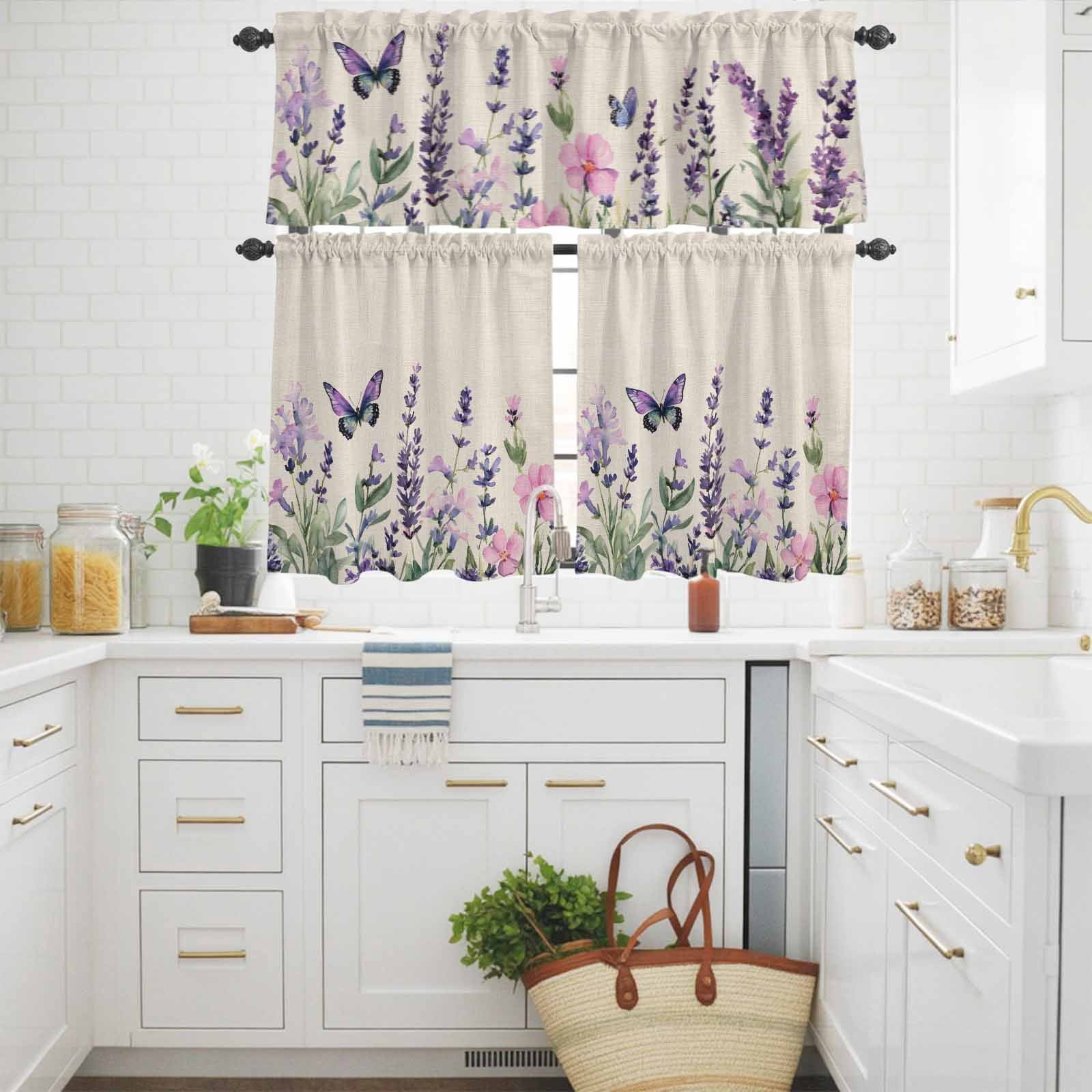 Purple Lavender Butterfly Kitchen Curtains Valances 3 Piece Set, Spring Purple Floral Flower Linen Texture Rod Pocket Tier Curtain and Valance Drapes for Small Window 24 Inch Length for Bedroom Cafe
