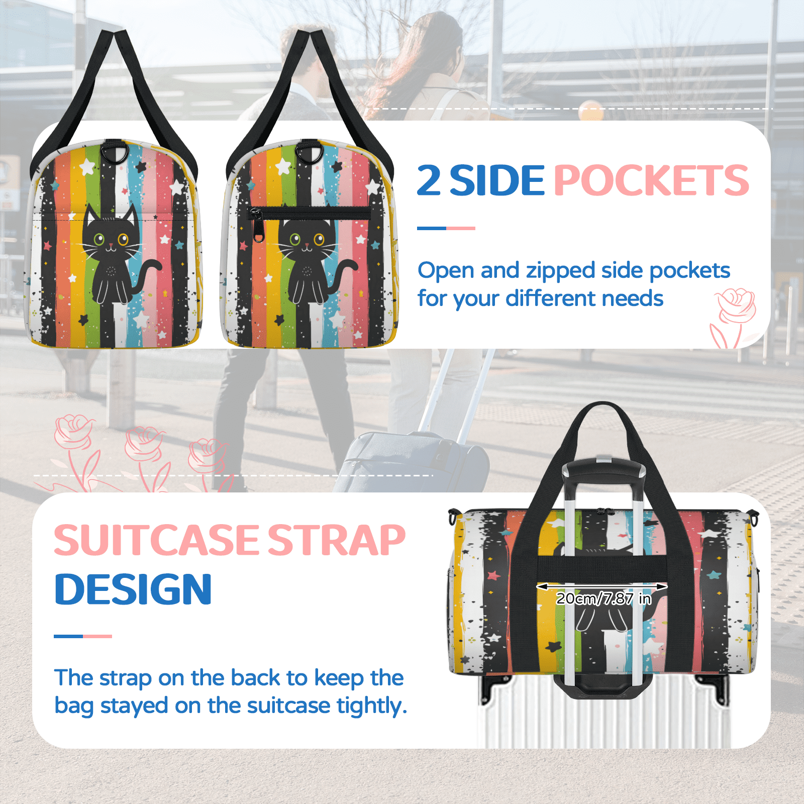Herdesigns Black Cat Travel Duffle Bag Sports Yoga Weekender Overnight Carry on Workout Bags Lightweight Waterproof Gym Tote Bag for Women