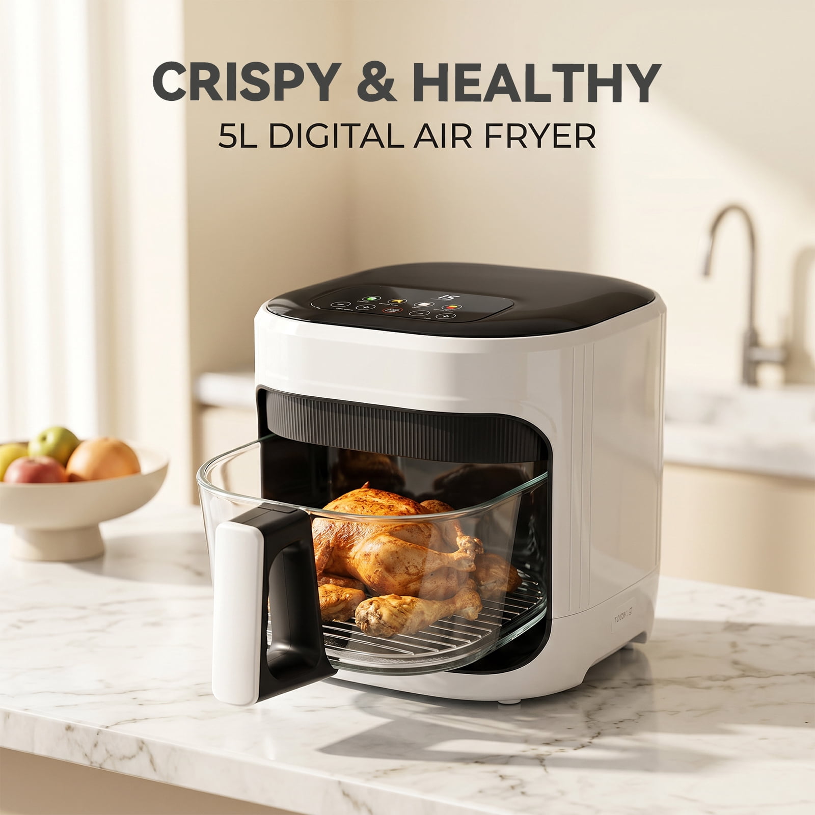 Air Fryer 5L with Touch Control, Adjustable tTemperature up to 200°C, 0-60-Minute Timer, 4 Preset Menus, Oil-free Cooking, and 1350W Power, Ideal for Families of 3-5 People.