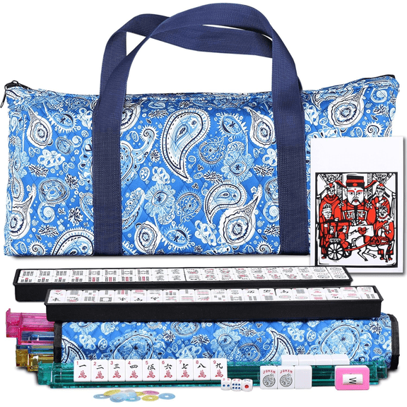 American Mahjong Set: 166 tiles, 4 colors, integrated tile holder/pusher, red paisley upholstery and accessories – Classic Full-Size Complete Mahjong Set (Blue)
