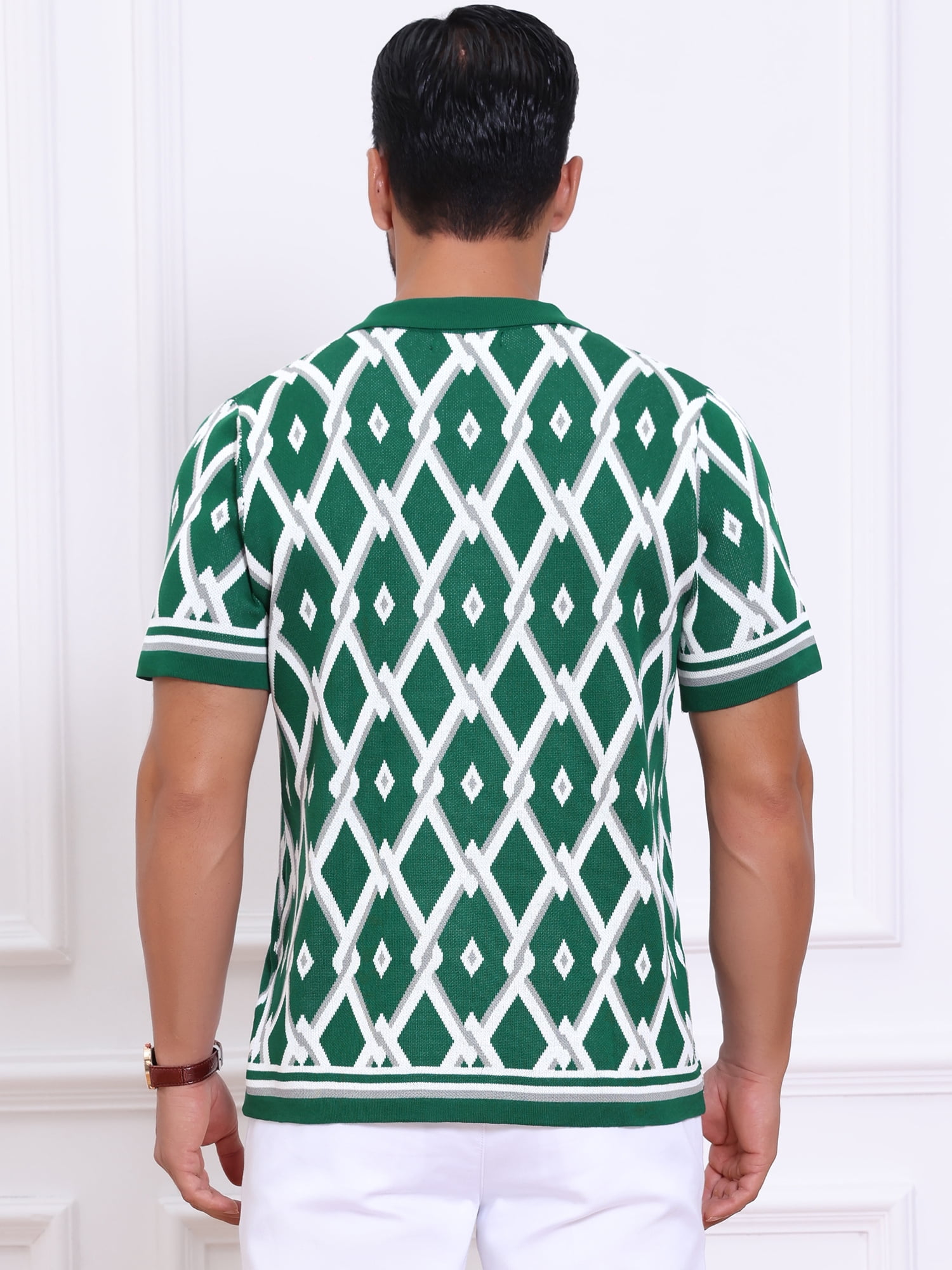 DARING DIVA Men's Short Sleeve Button Down Plaid Knitted Argyle Polo Shirt L Green