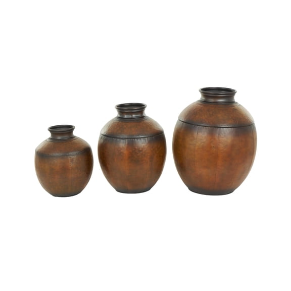 DecMode 26", 22", 17"H Antique Style Round Pot Floor Brown Metal Vase, Set of 3