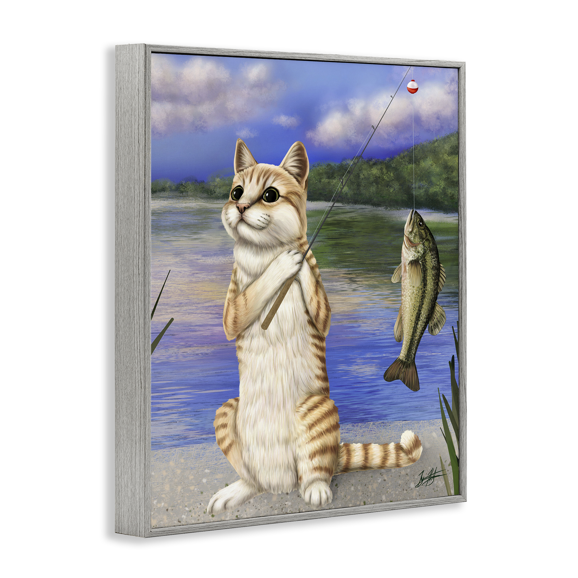 Stupell Industries Fishing Cat by Lake Animals & Insects Painting Gray Framed Art Print Wall Art, 24 x 30