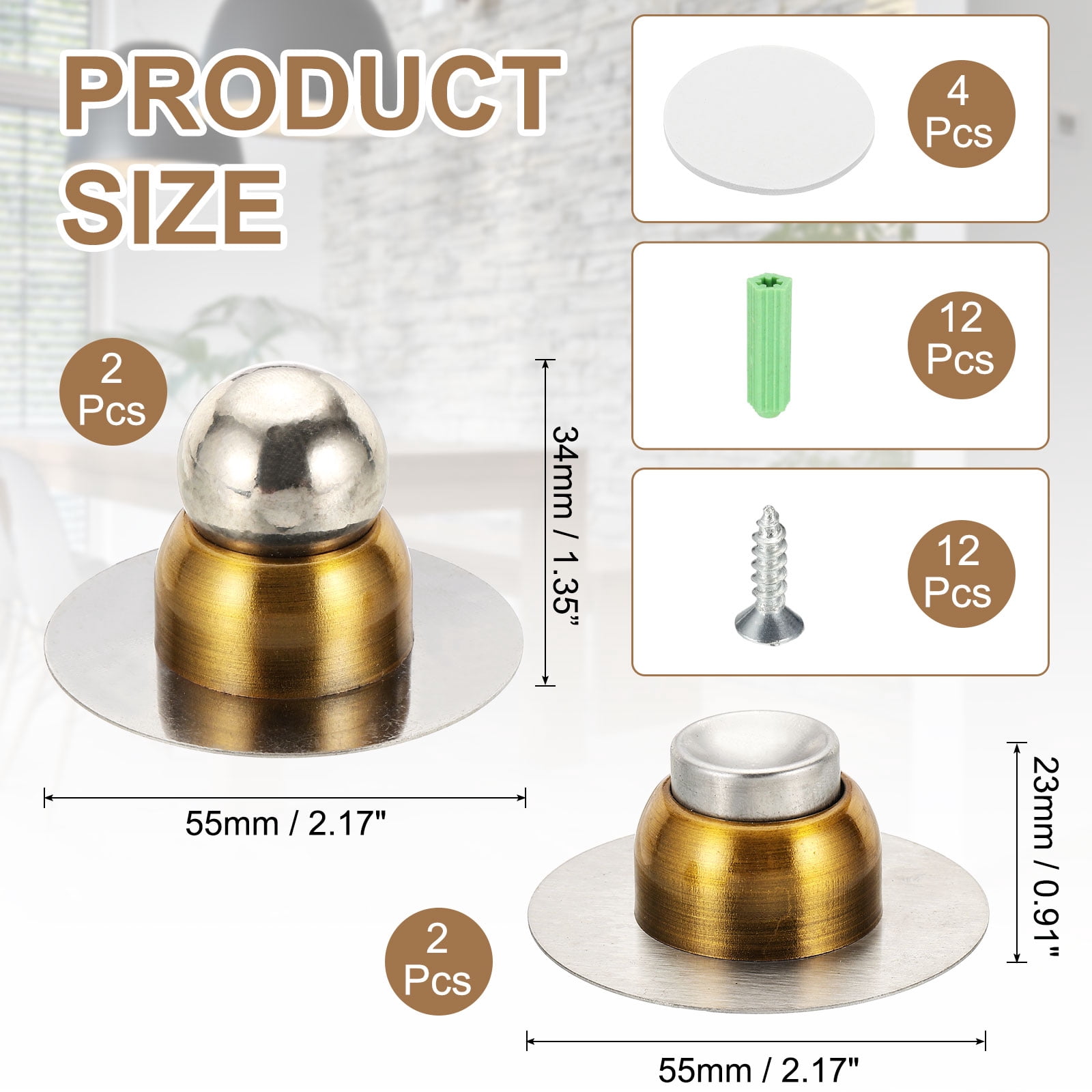 Uxcell 2 Pack 2.1" Magnetic Door Stoppers, Wall Floor Mounted Magnetic Door Catch Holder, Stainless Steel Door Stops for Bedroom,  Bathroom, Kitchen, Office, Brass