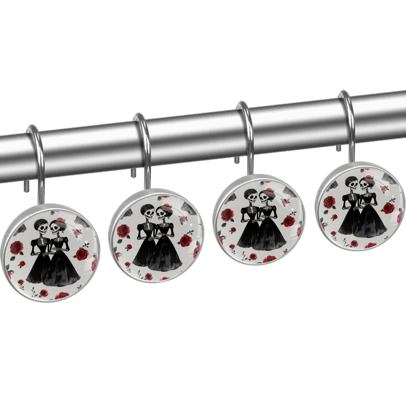 Black Dress Skeleton Bride Shower Curtain Hooks Round Crystal Glass, Set of 12 Shower Curtain Rings - Shower Hooks for Curtain Shower Rings