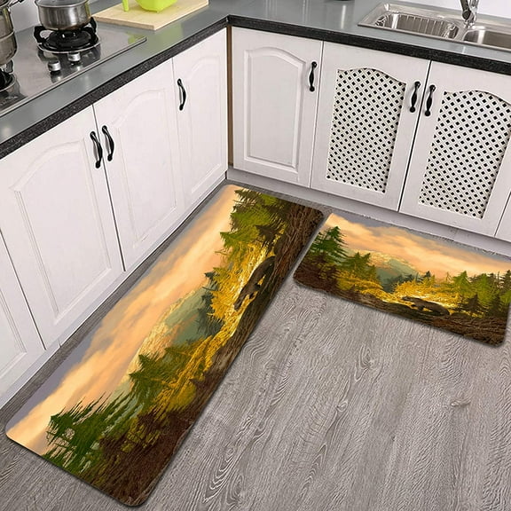 2 Pieces Country Bear Non-Slip Kitchen Rug Set,Wildlife Bear in The Jungle Woodland Rocky Mountain Water Absorb Microfiber Bathroom Mat Checkered Doormat Carpet for Laundry