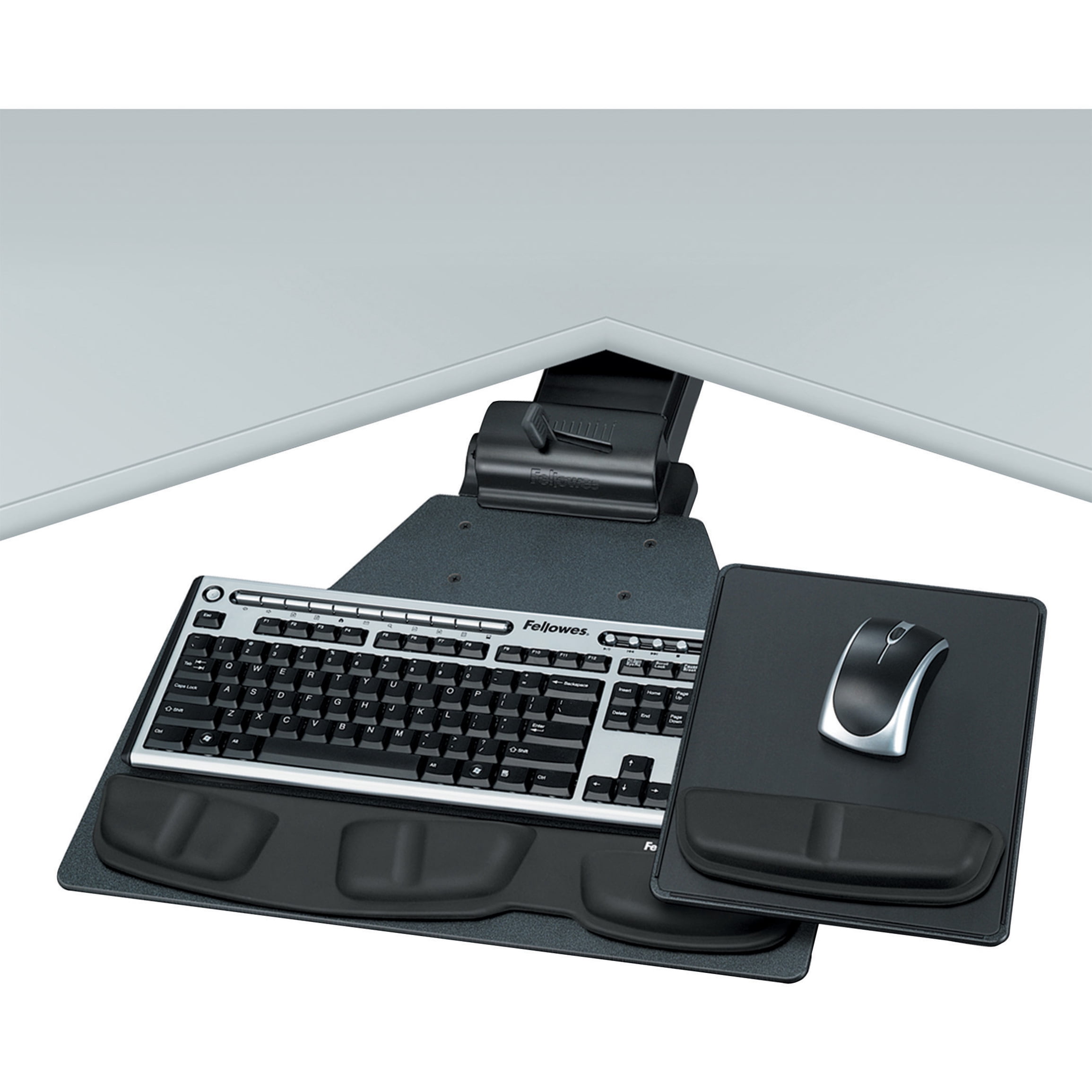 Fellowes Mfg. Co. Professional Corner Executive Keyboard Tray, 19w X 14.75d, Black