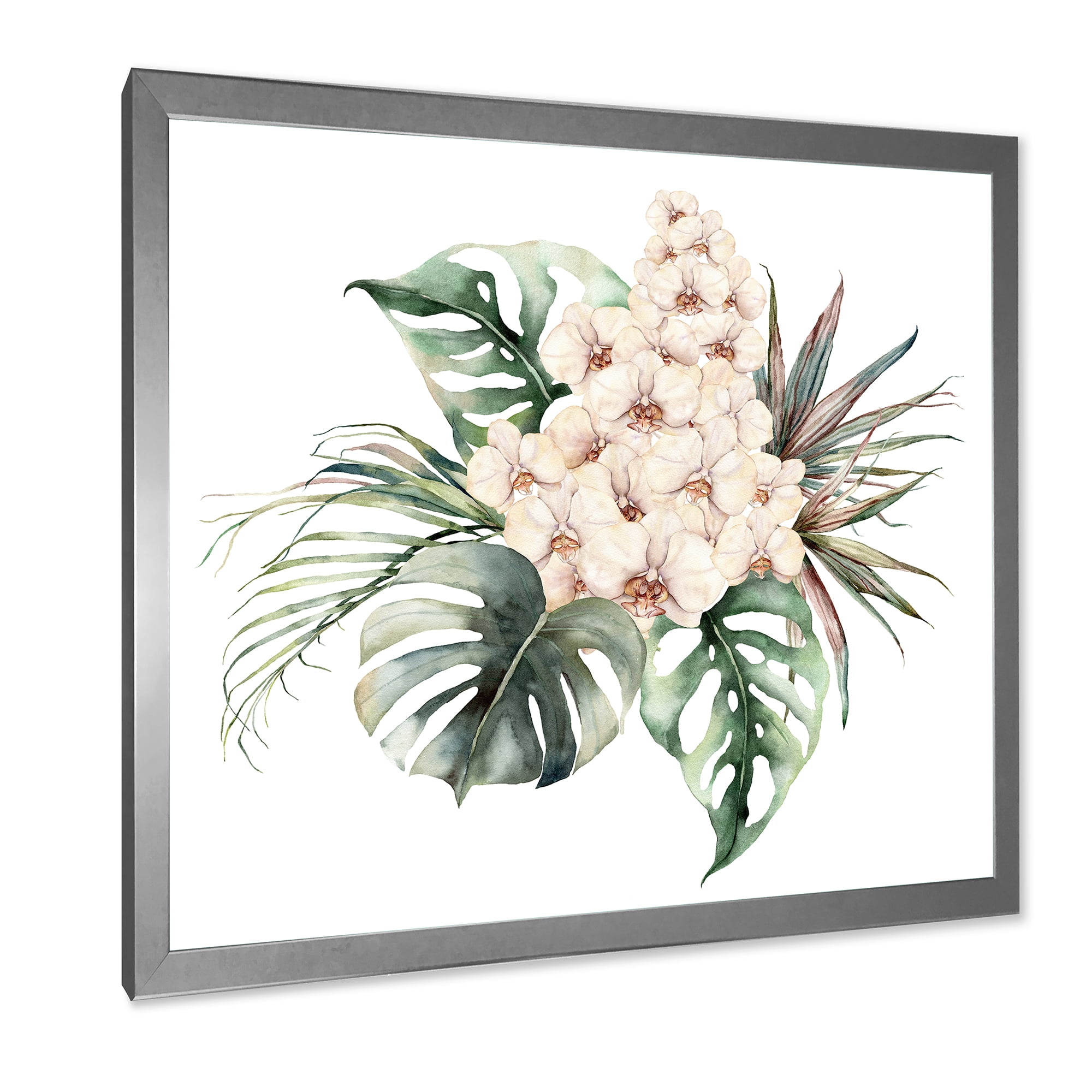 Designart 'Bouquet With Orchids Coconut Leaves and Monstera ' Traditional Framed Art Print